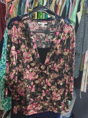 JM Collection Black Floral Ring-Front V-Neck Tunic XL PTP 22